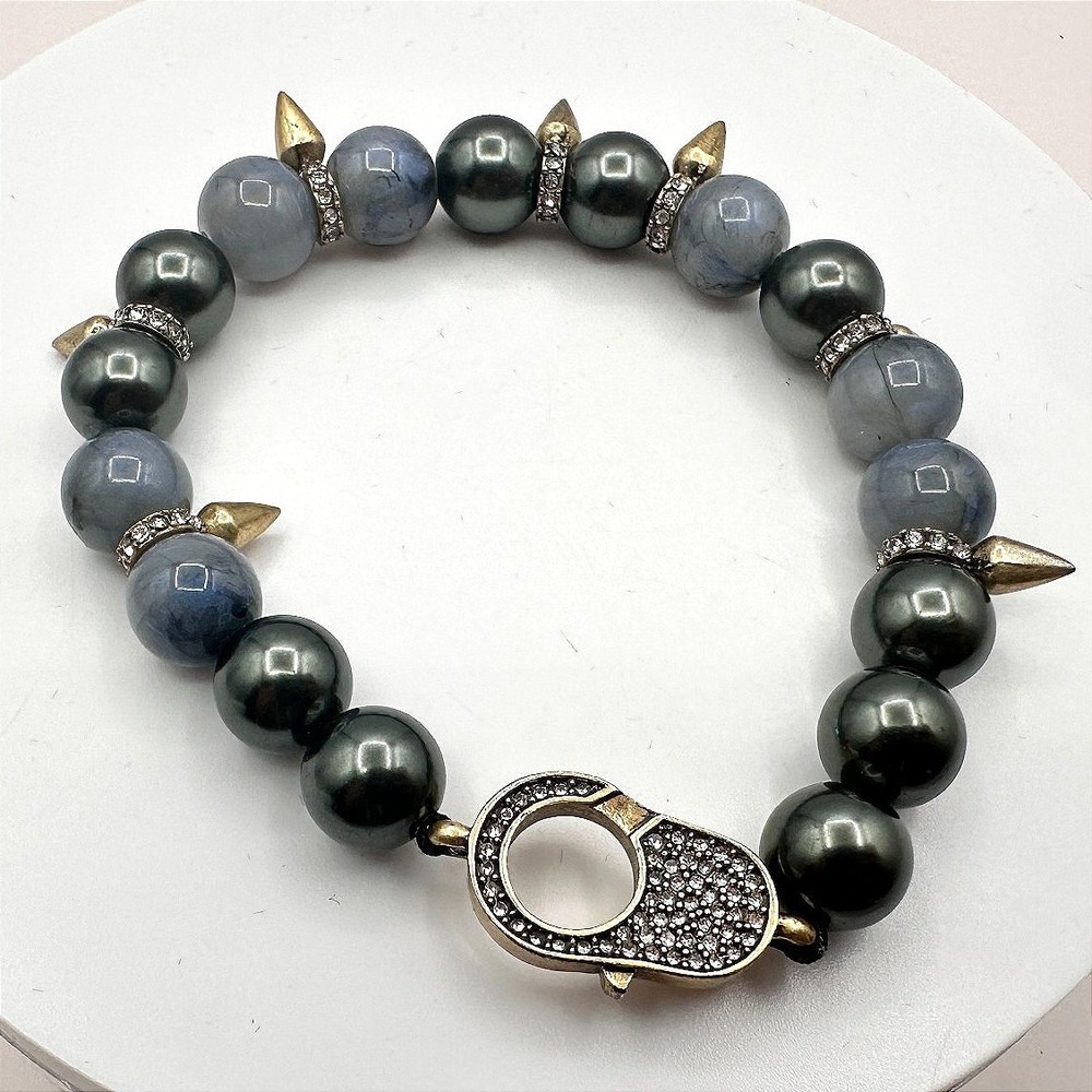 Vintage 80s Beaded Stretch Bracelet Slate Grey Hematite Gold Tone Spikes Jewelry